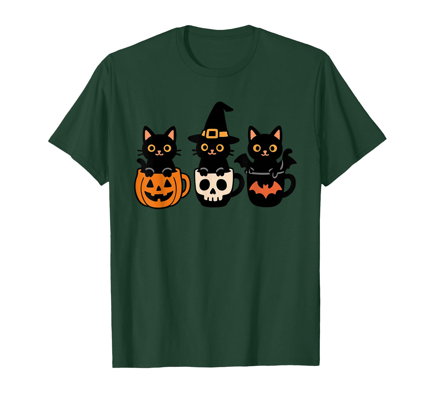 Halloween Cats in Mugs with Pumpkin Skull and Bat Cute Cat T-Shirt