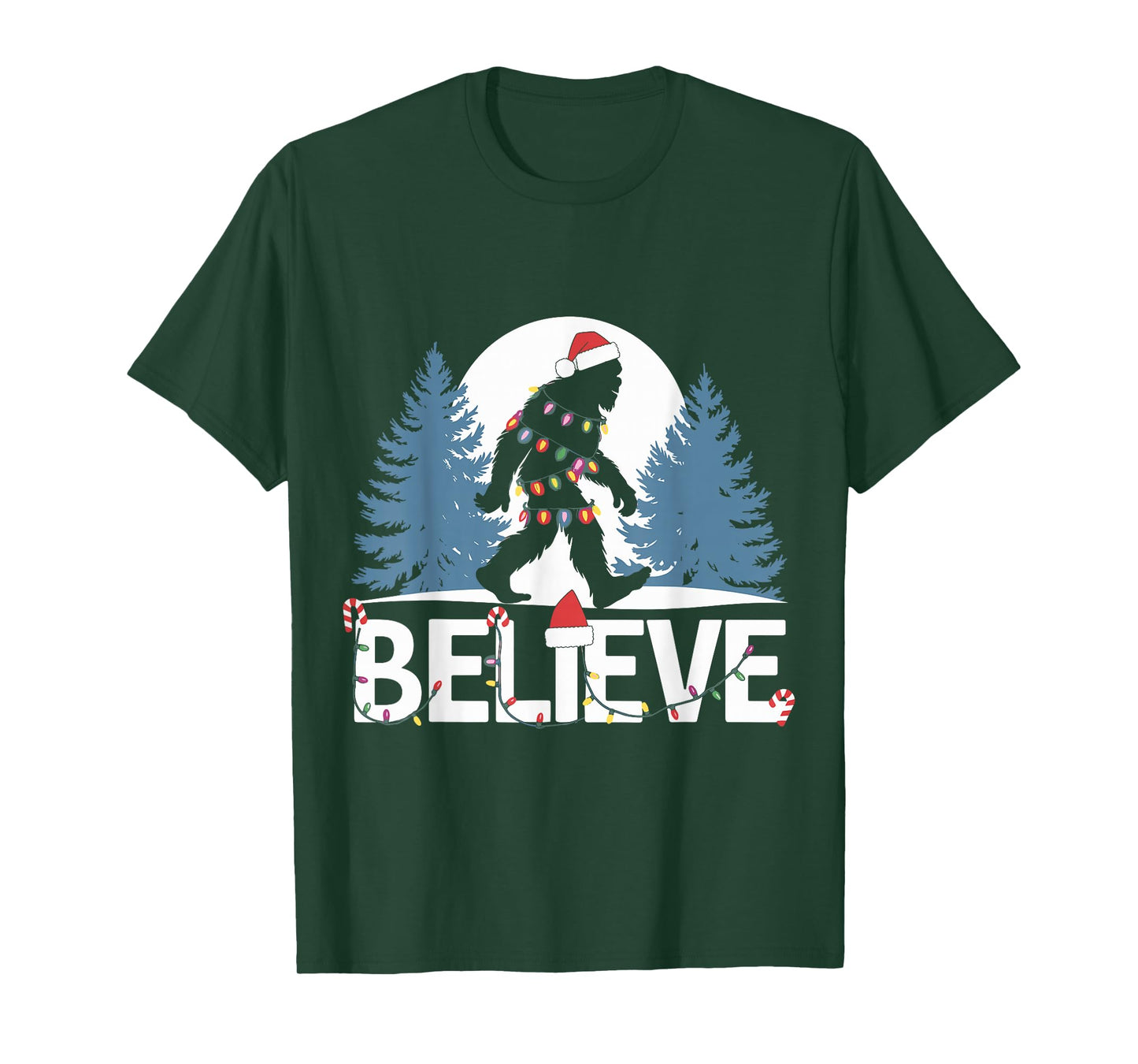Santa Bigfoot Christmas Lights Funny Sasquatch Believe Xmas T-Shirt