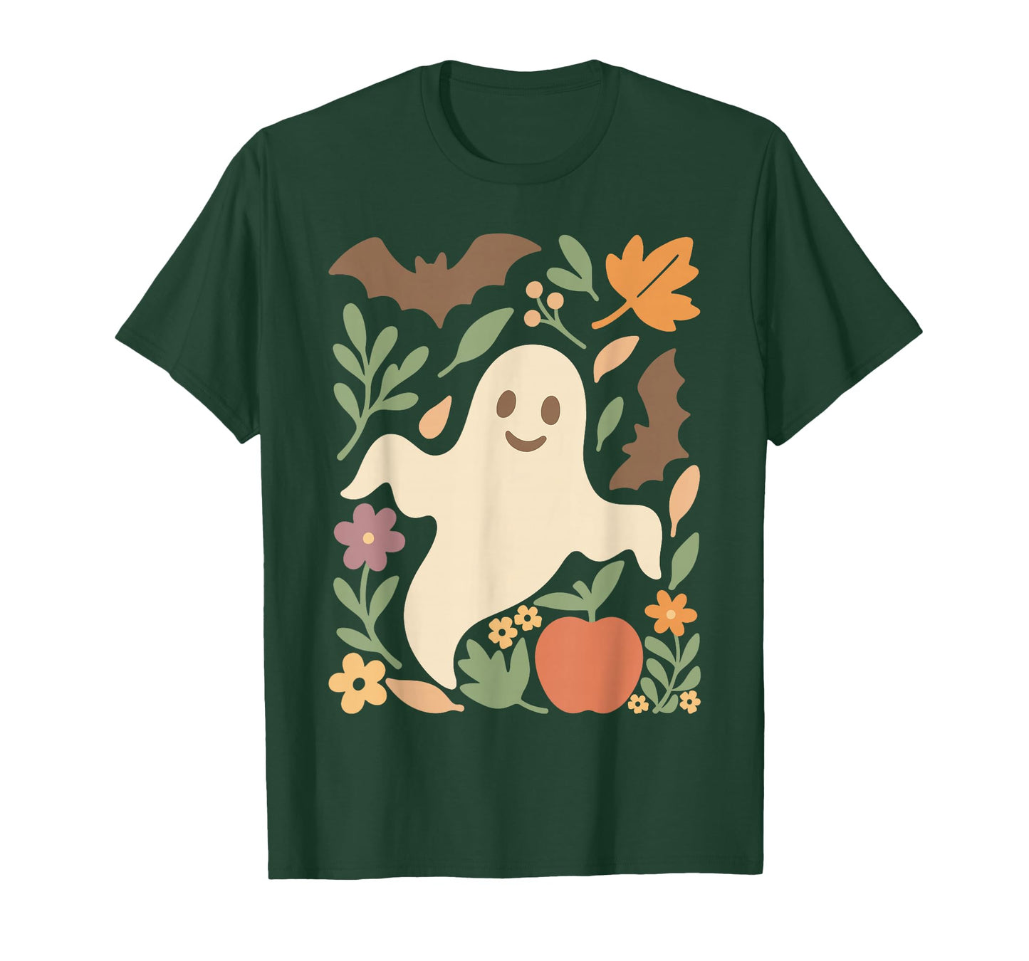 Cute Halloween Ghost All Leaves Bat Apple and Flowers Retro T-Shirt