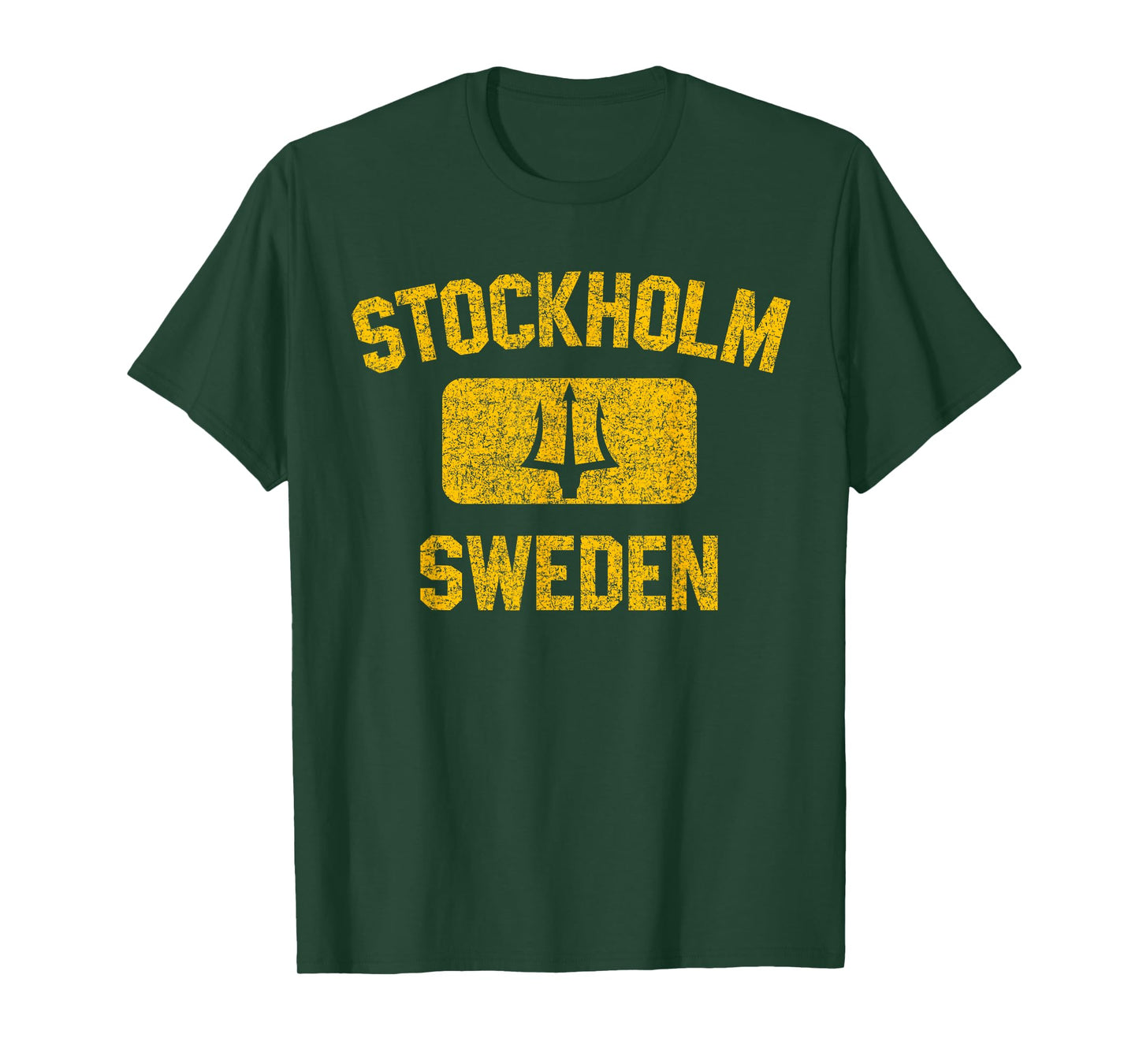Stockholm Sweden Trident Gym Style Distressed Yellow Print T-Shirt