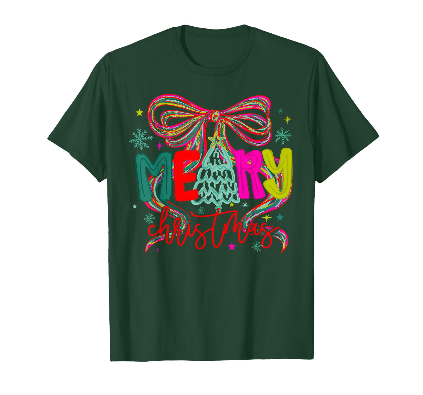 Coquette Bow Merry Christmas Xmas Tree Holiday Santa Squad T-Shirt