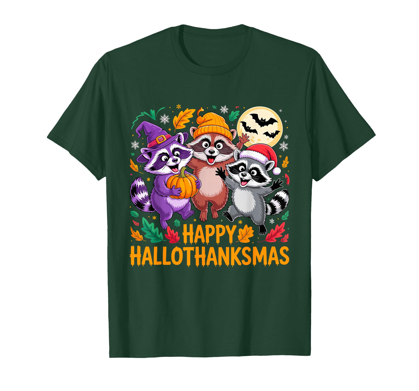 Happy Hallothanksmas Raccoon Trio Pumpkin T-Shirt