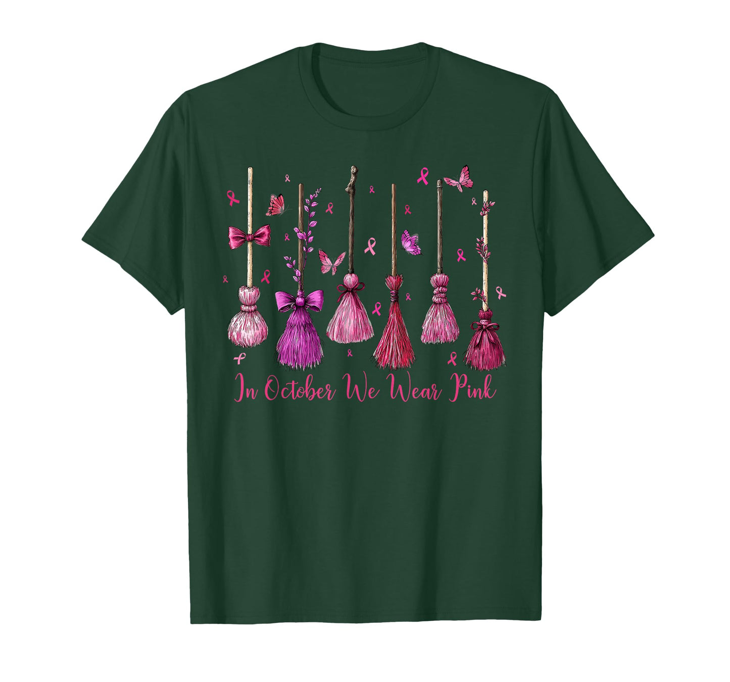 in October We Wear Pink Witch Broom Halloween Breast Cancer T-Shirt