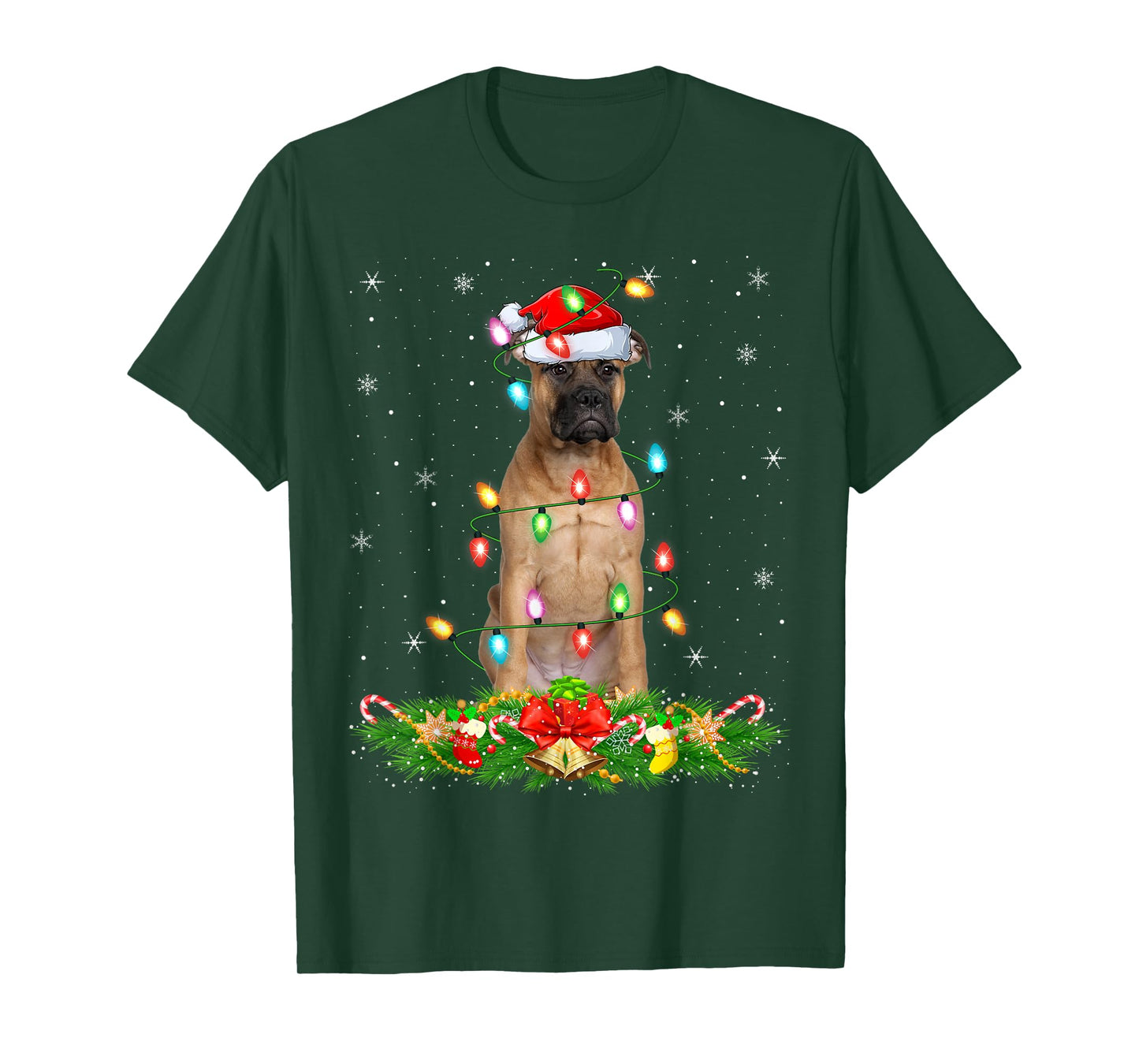 Bullmastiff Dog Christmas Lights Funny Santa Hat Xmas T-Shirt
