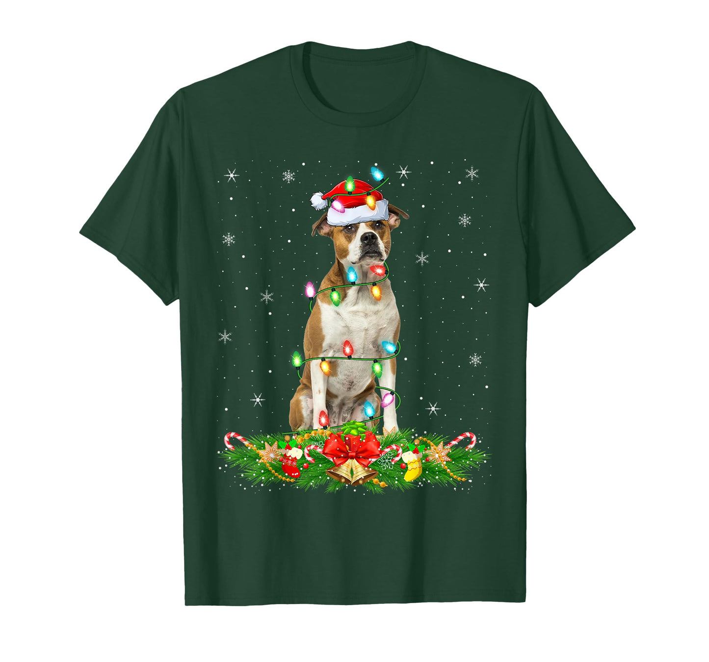 American Bulldog Christmas Lights Funny Santa Hat Xmas T-Shirt