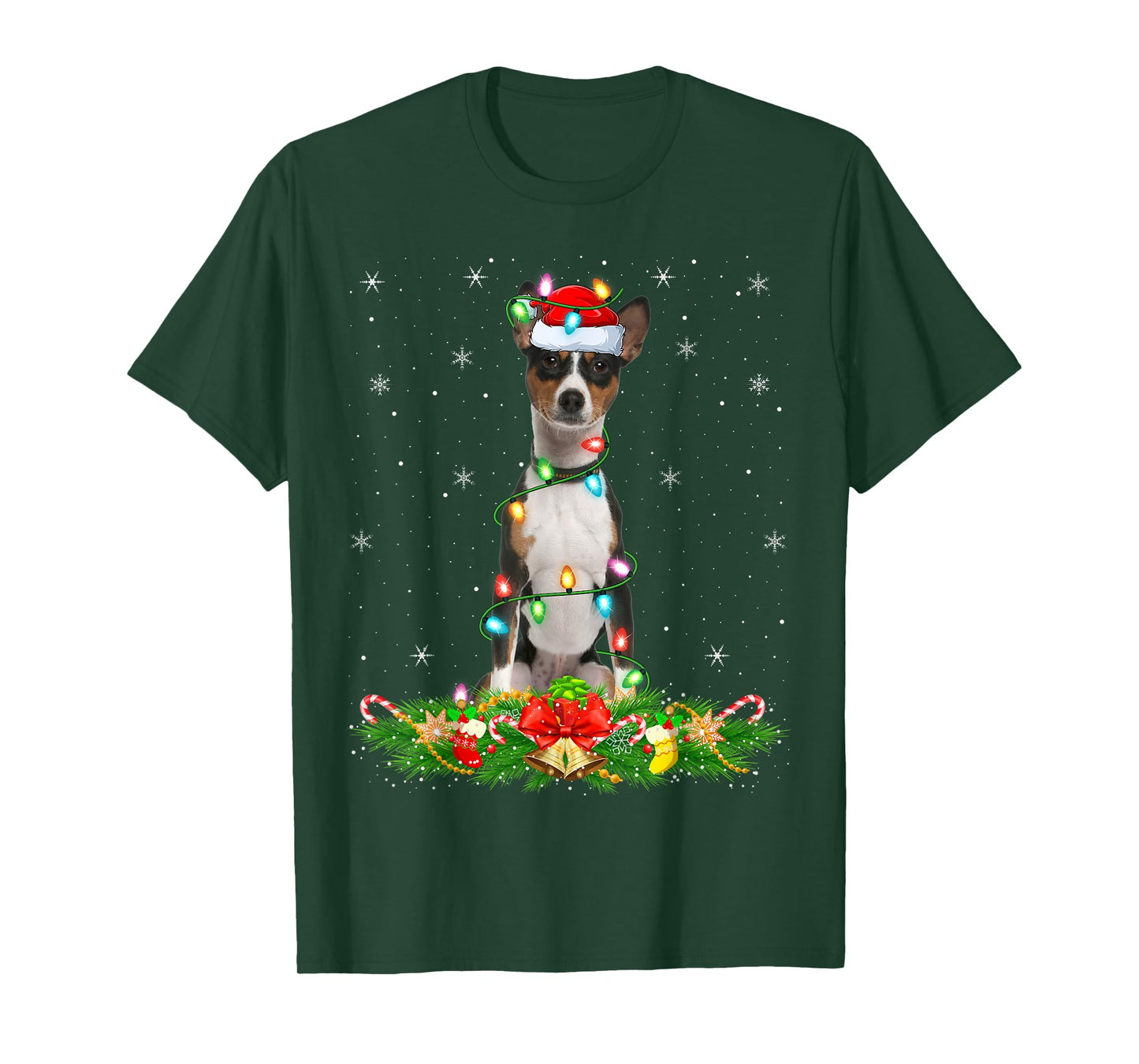 Basenji Dog Christmas Lights Funny Santa Hat Xmas T-Shirt