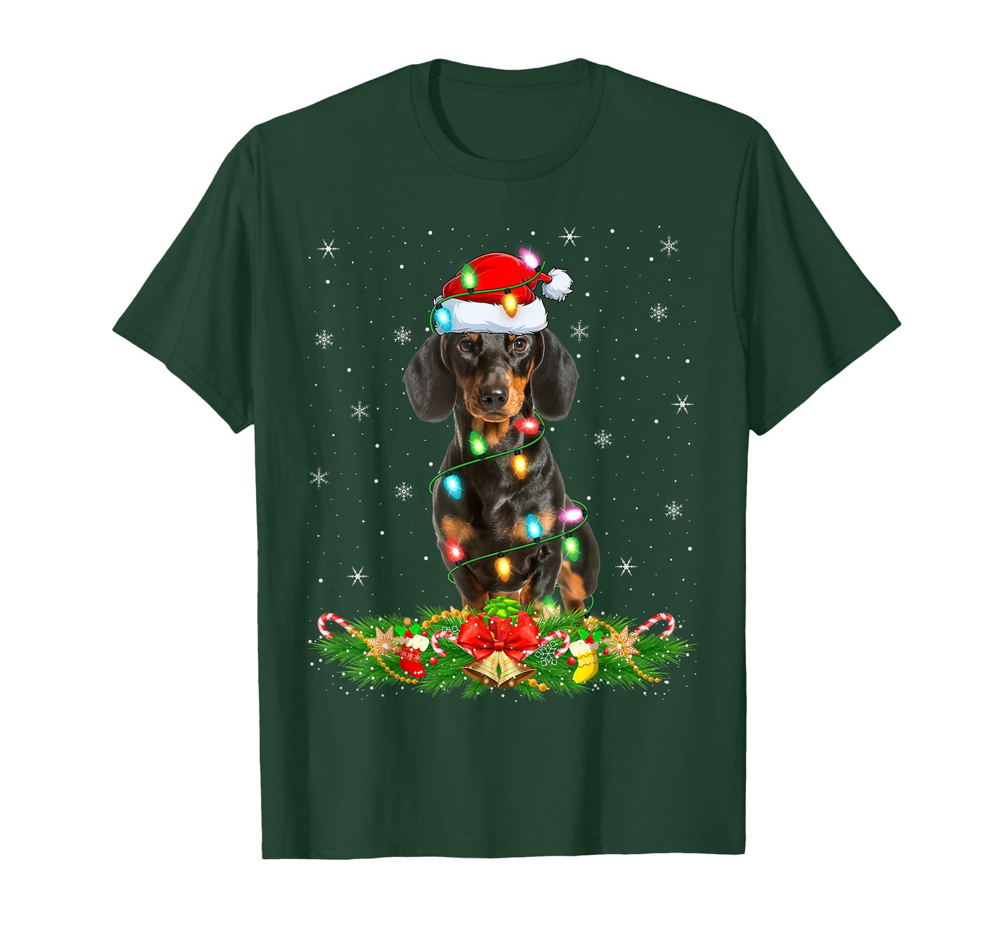 Dachshund Dog Christmas Lights Funny Santa Hat Xmas T-Shirt
