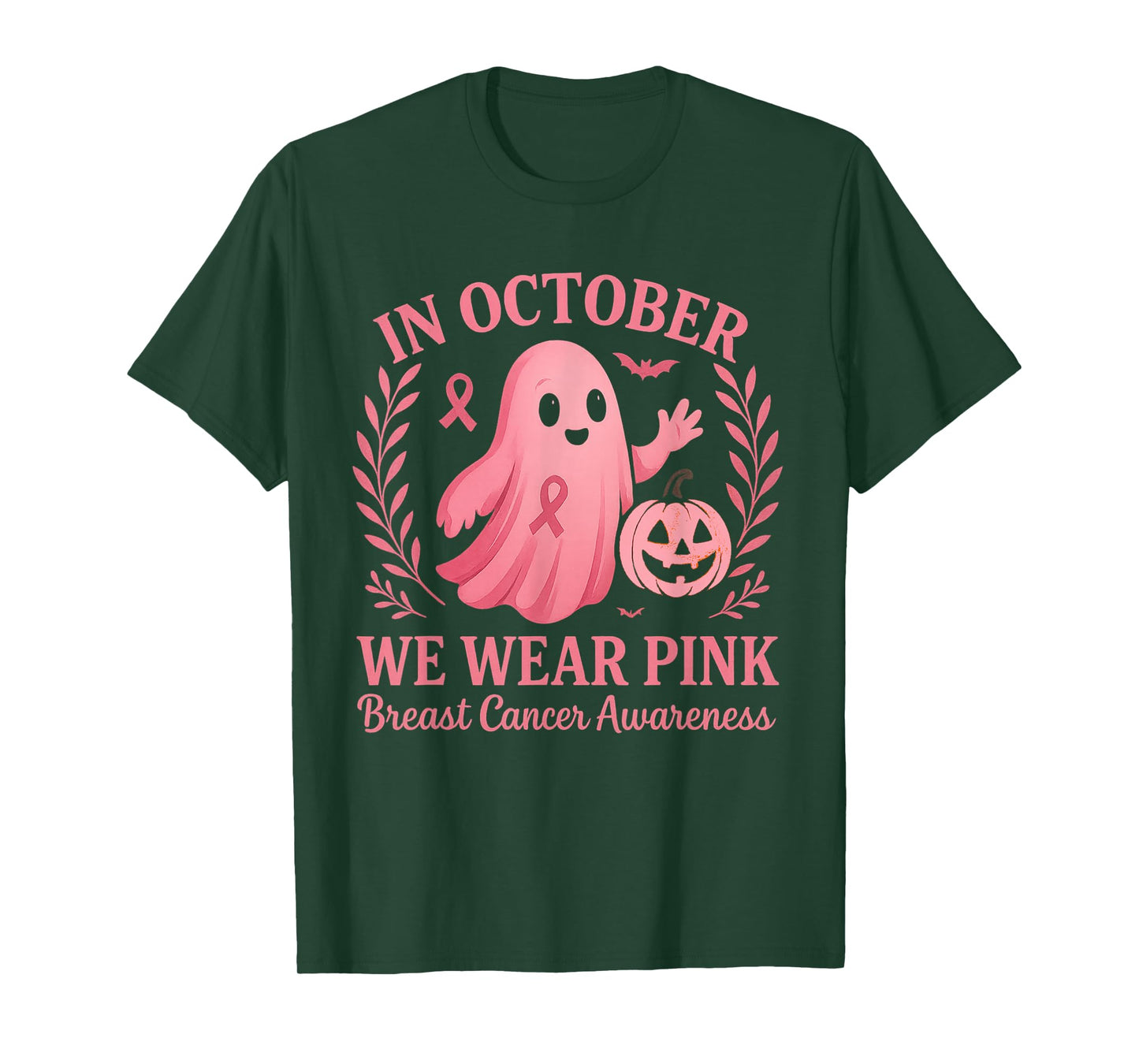 in October We Wear Pink Ghost Witch Breast Cancer Awareness T-Shirt