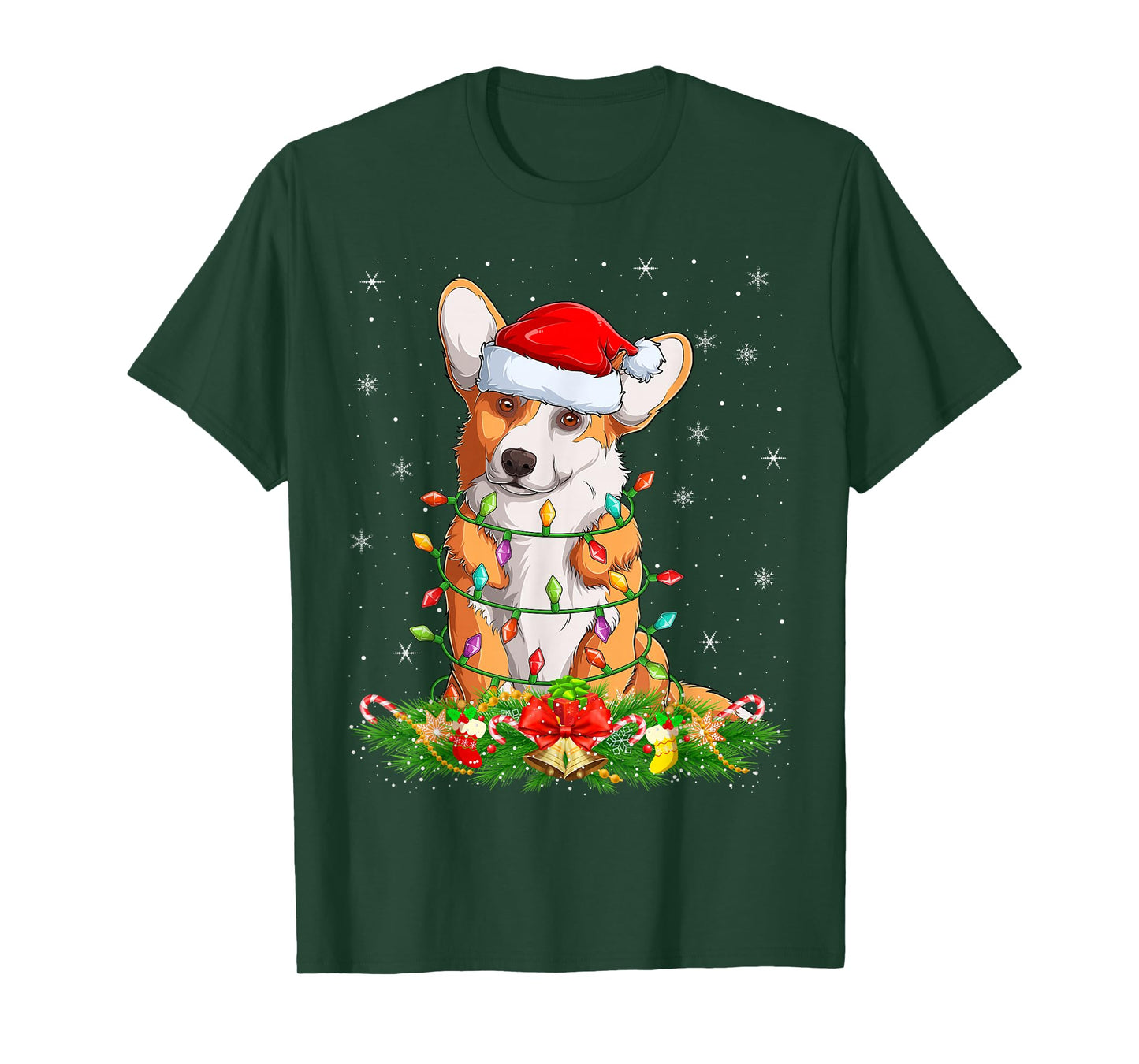 Corgi Dog Christmas Lights Funny Santa Hat Xmas T-Shirt