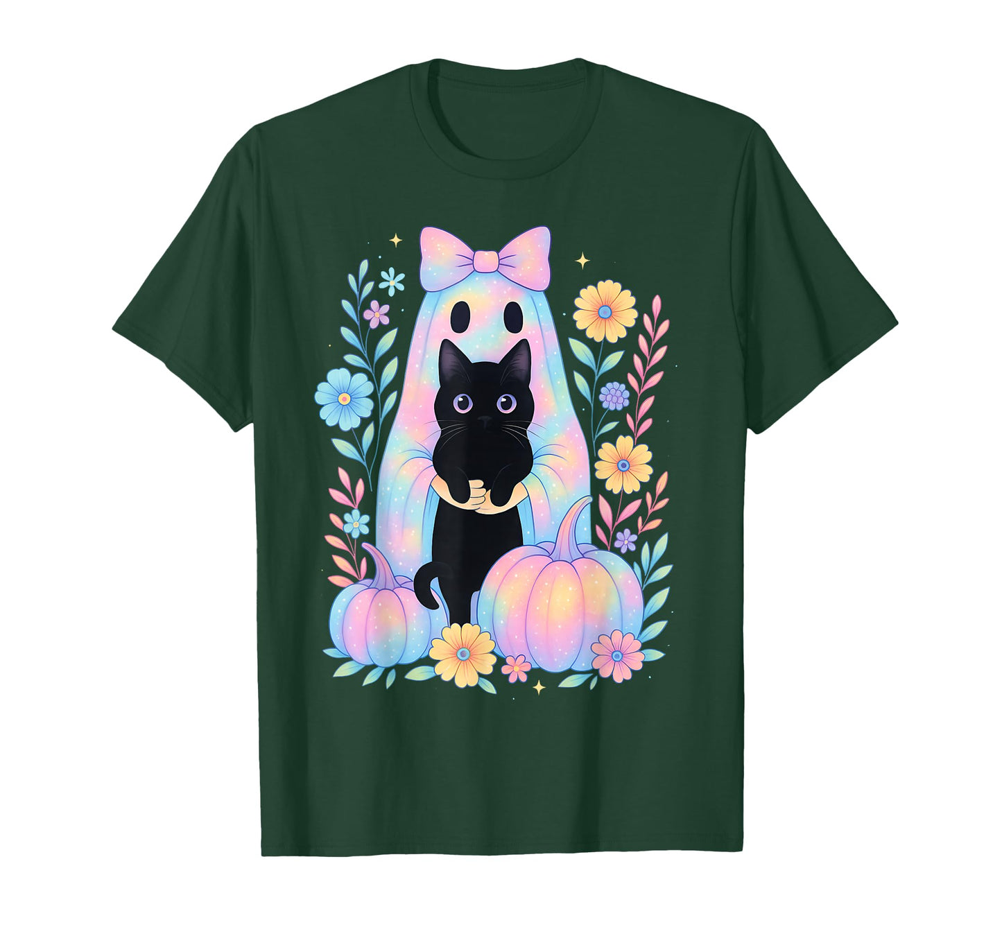 Pastel Galaxy Halloween Ghost Holding Black Cat Floral Girls T-Shirt