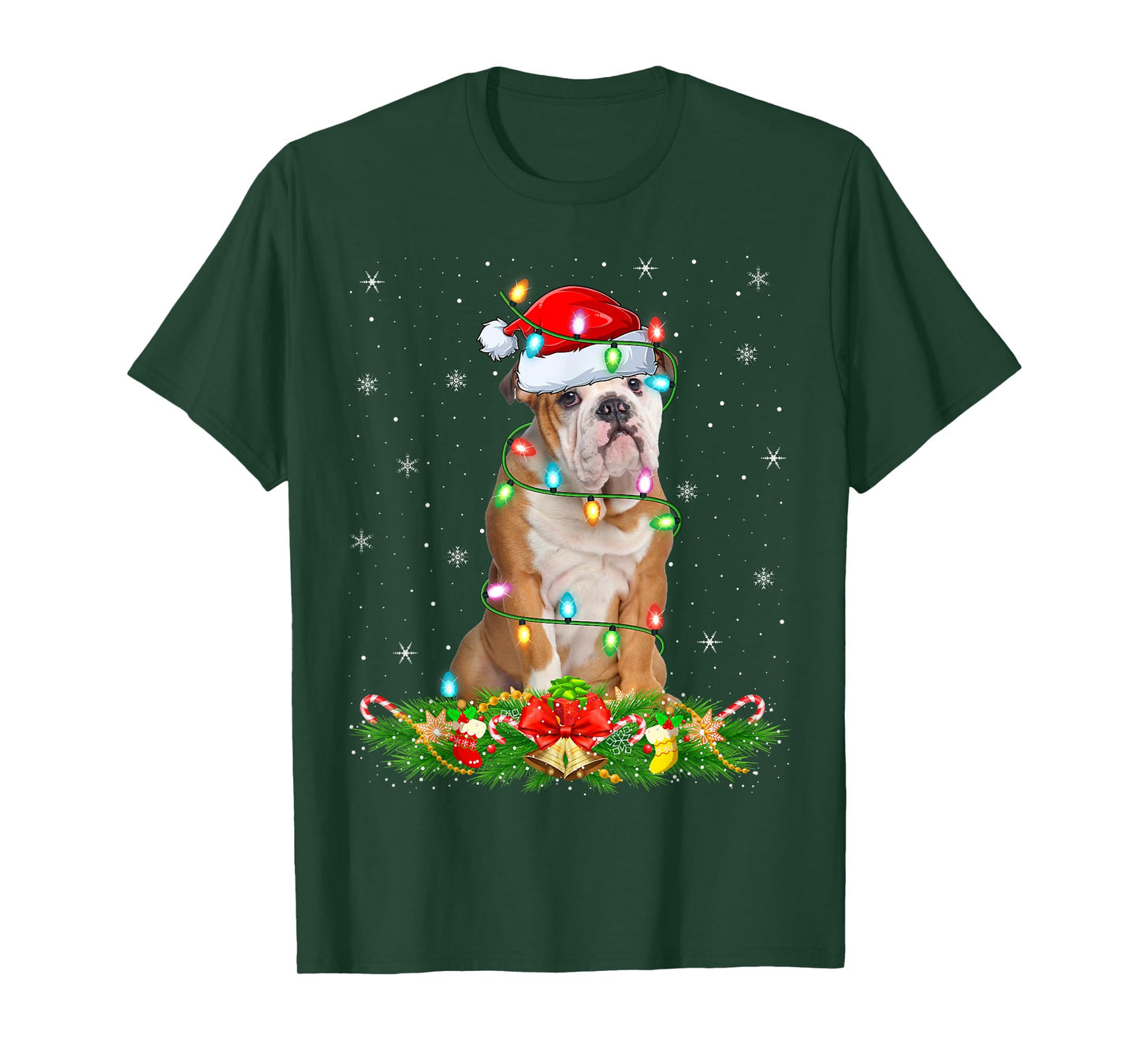 English Bulldog Christmas Lights Funny Santa Hat Xmas T-Shirt