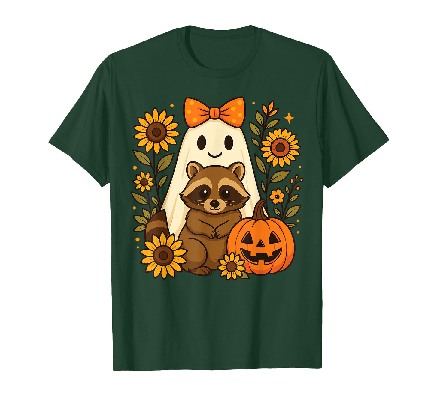 Vintage Halloween Ghost Holding Raccoon Groovy Floral Fall T-Shirt