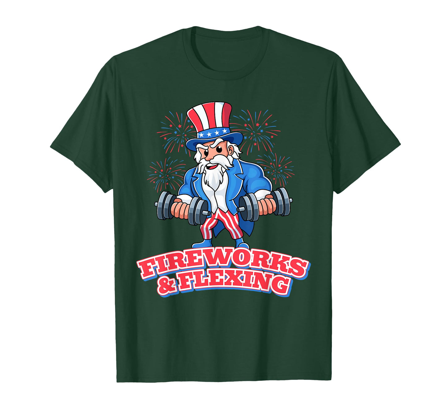 Fireworks & Flexing July 4th Gym Workout Lifting Pun Funny T-Shirt