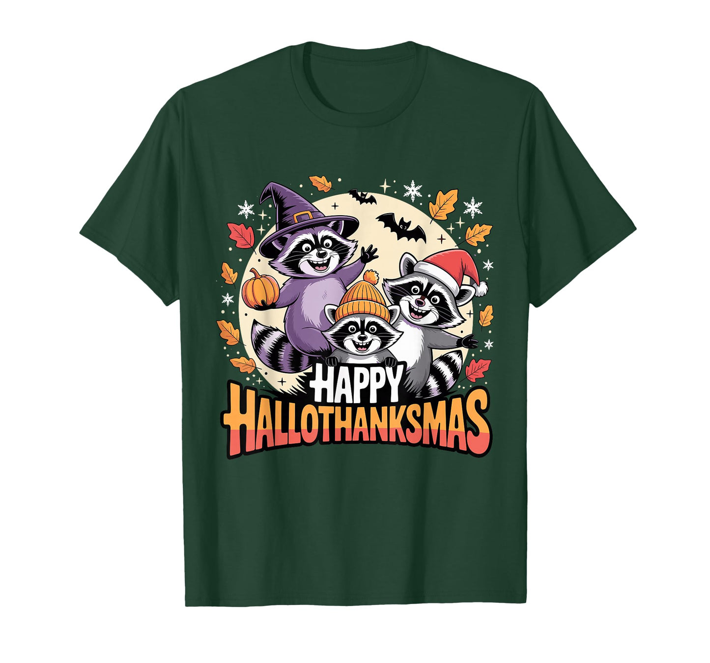 Happy Hallothanksmas Raccoon Trio Pumpkin T-Shirt