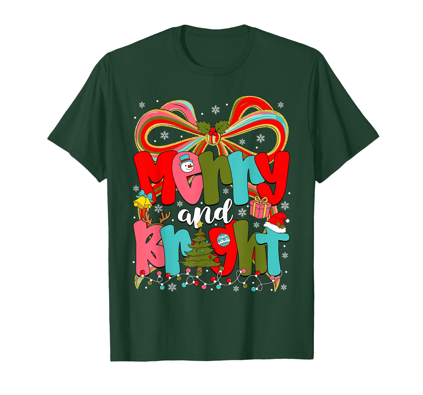Merry and Bright Coquette Bow Christmas Lights Women Girls T-Shirt