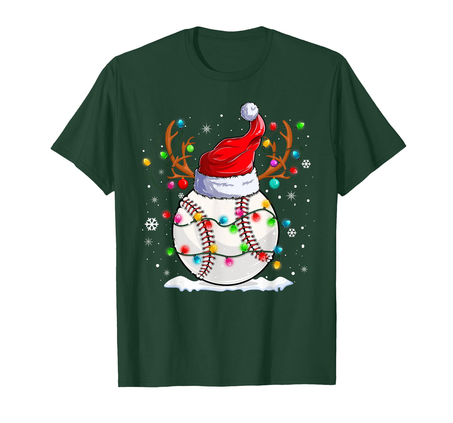 Baseball Santa Hat Reindeer Christmas Lights Funny Xmas T-Shirt