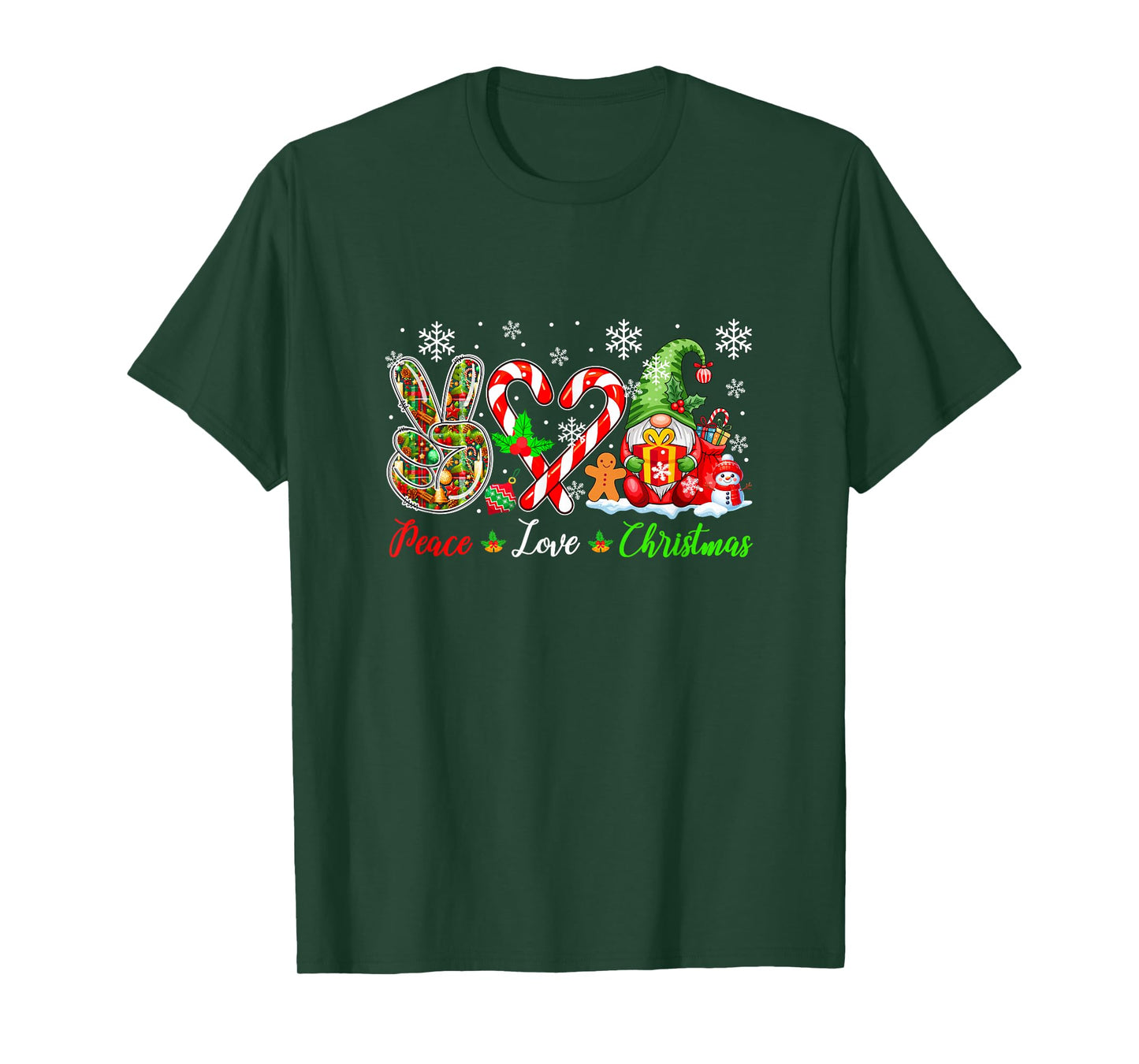 Peace Love Christmas Gnome Candy Canes Cute Heart Shape T-Shirt