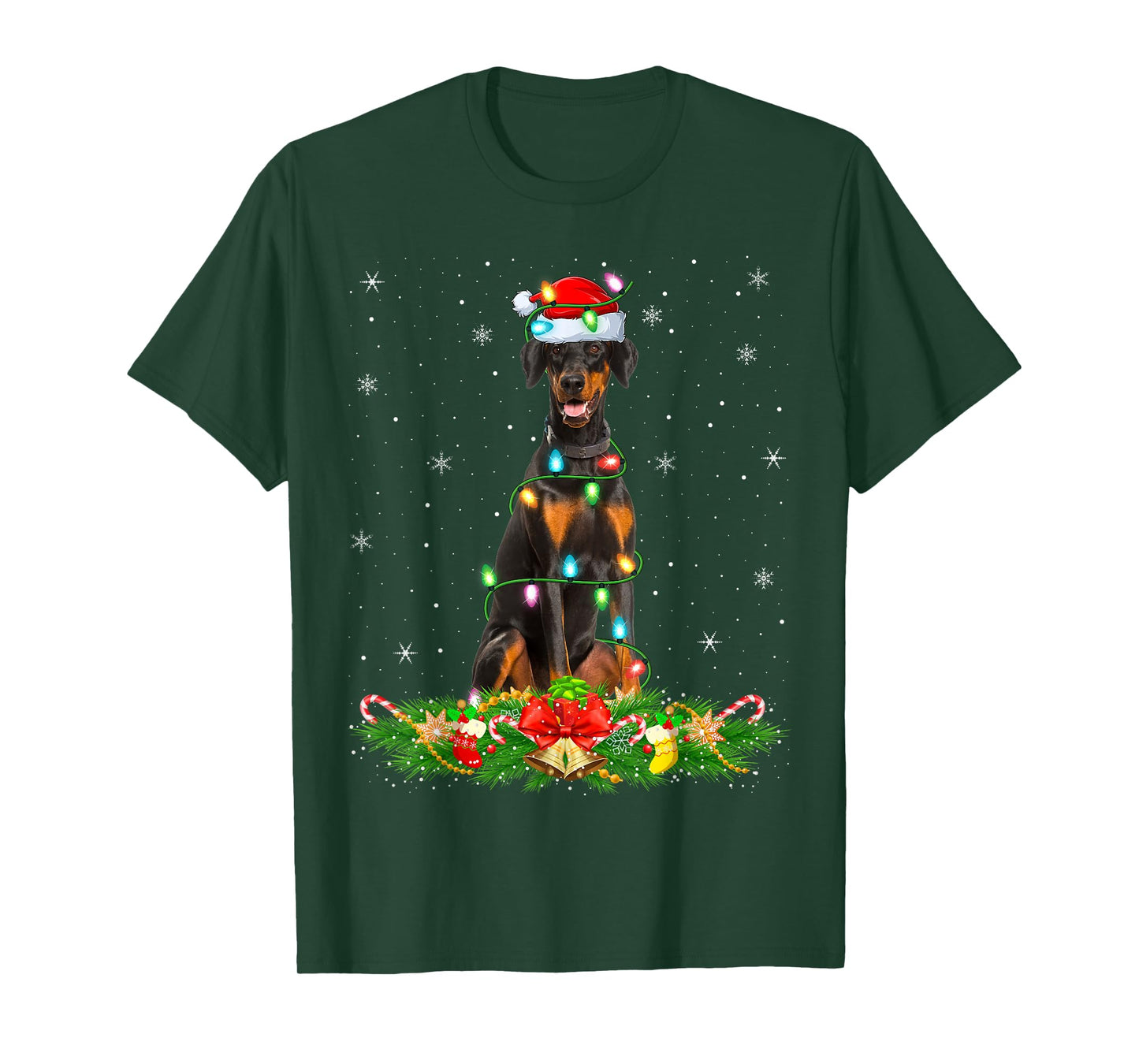 Dobermann Dog Christmas Lights Funny Santa Hat Xmas T-Shirt