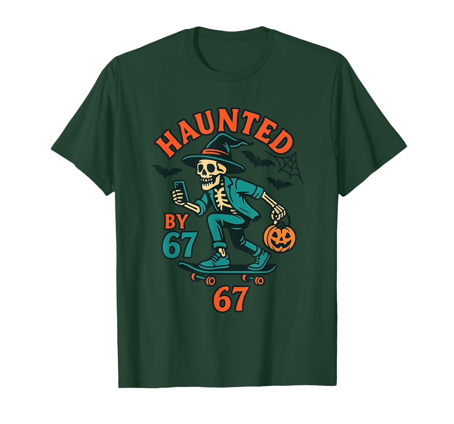 Haunted by 67 Skate Skeleton Witch Hat Halloween T-Shirt