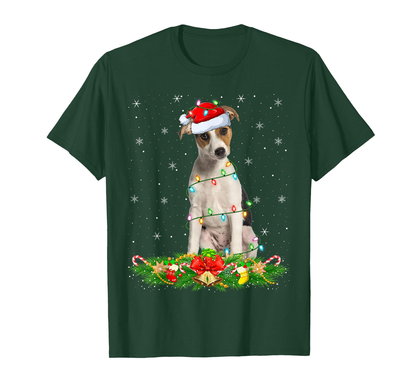 Fox Terrier Dog Christmas Lights Funny Santa Hat Xmas T-Shirt