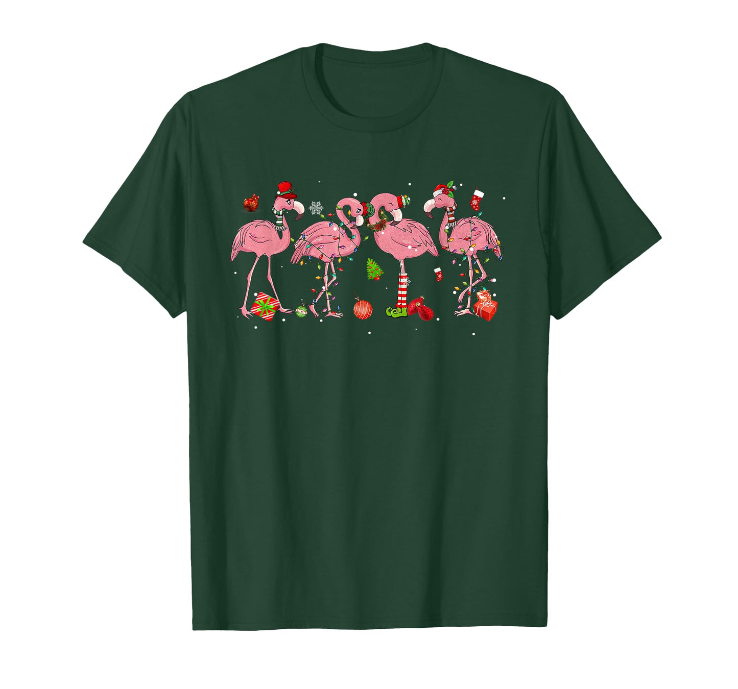 Pink Flamingo Hat Santa Merry Christmas Lights Womens Girls T-Shirt