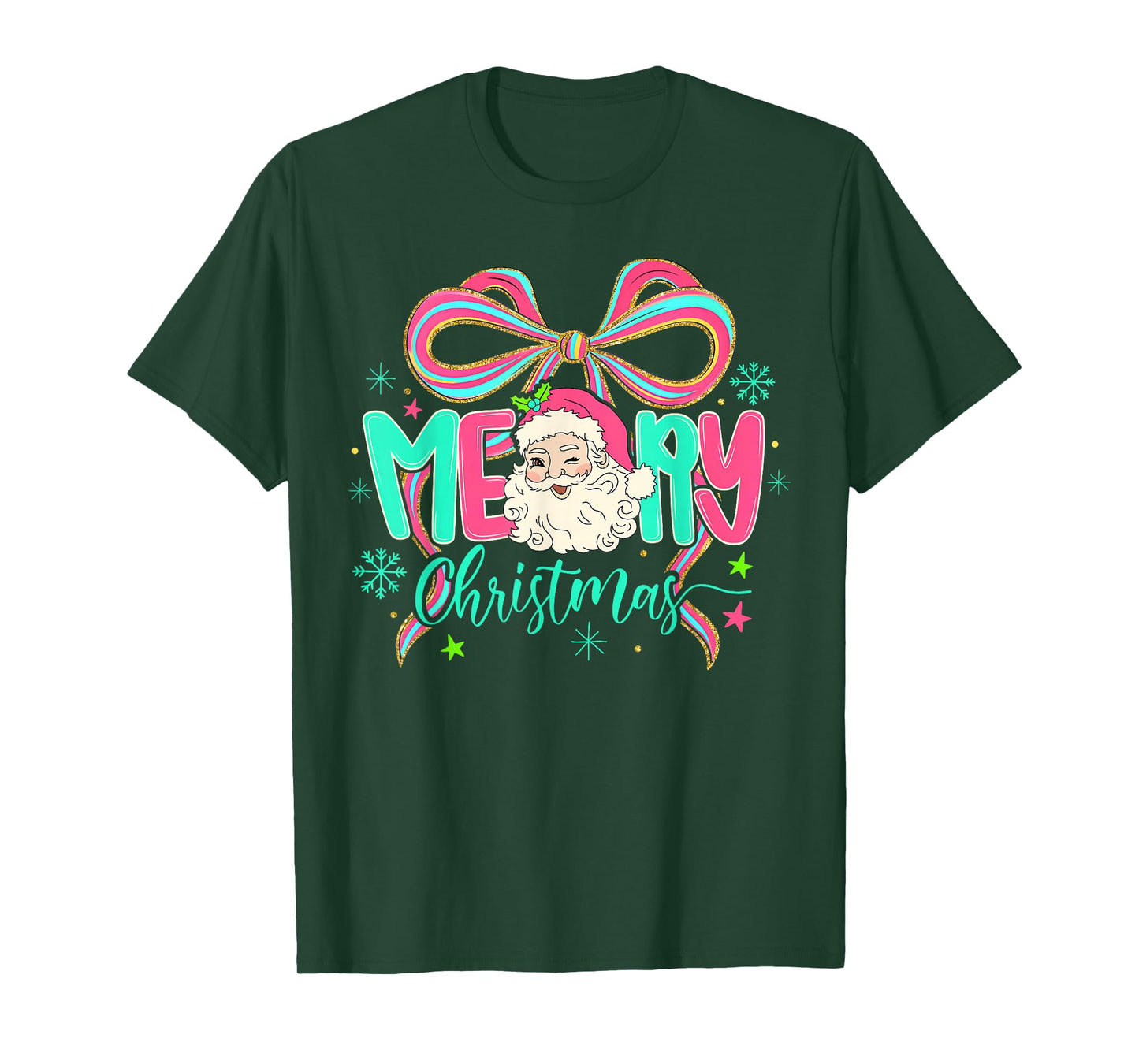 Coquette Bow Merry Christmas Xmas Santa Snowflake Holiday T-Shirt