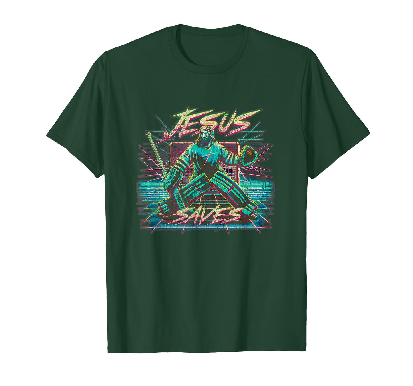 Vintage Retro Vaporwave Jesus Saves Ice Hockey Goalie T-Shirt