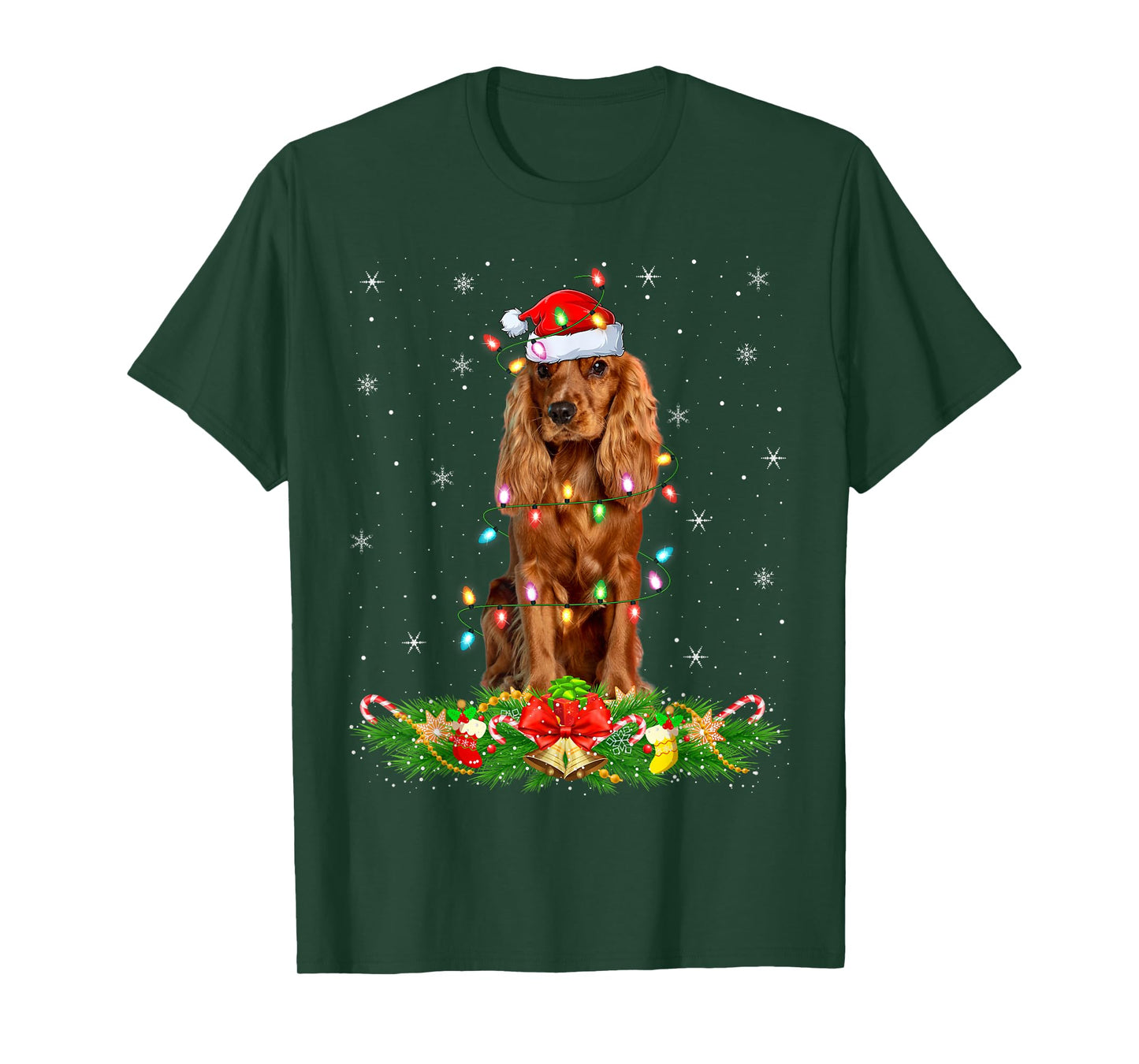 Cocker Spaniel Dog Christmas Lights Funny Santa Hat Xmas T-Shirt