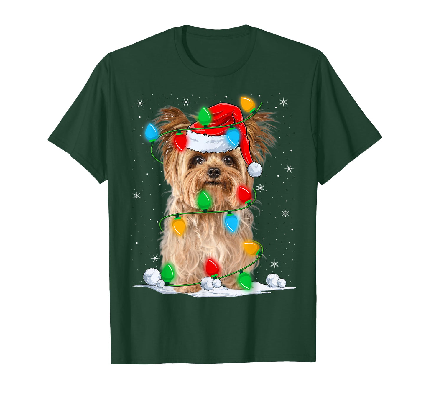 Yorkshire Terrier Dog Christmas Lights Funny Santa Hat Xmas T-Shirt