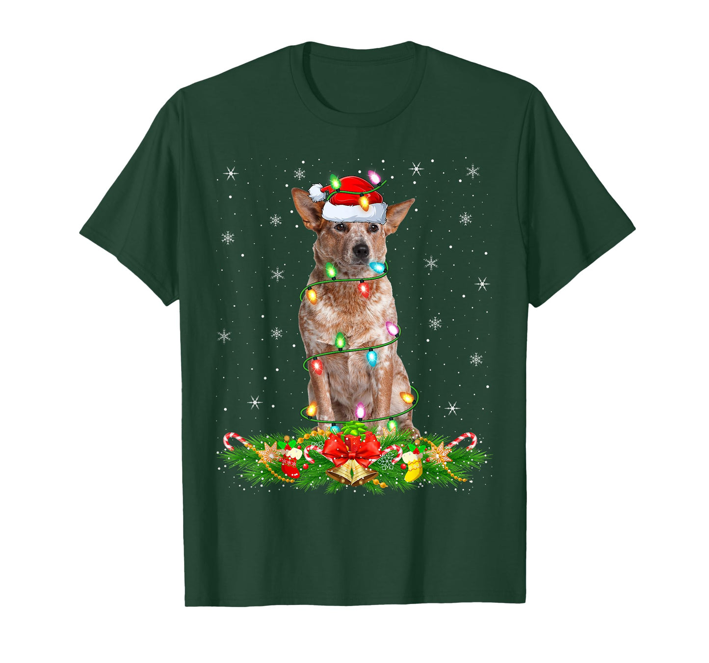 Australian Cattle Dog Christmas Lights Funny Santa Hat Xmas T-Shirt