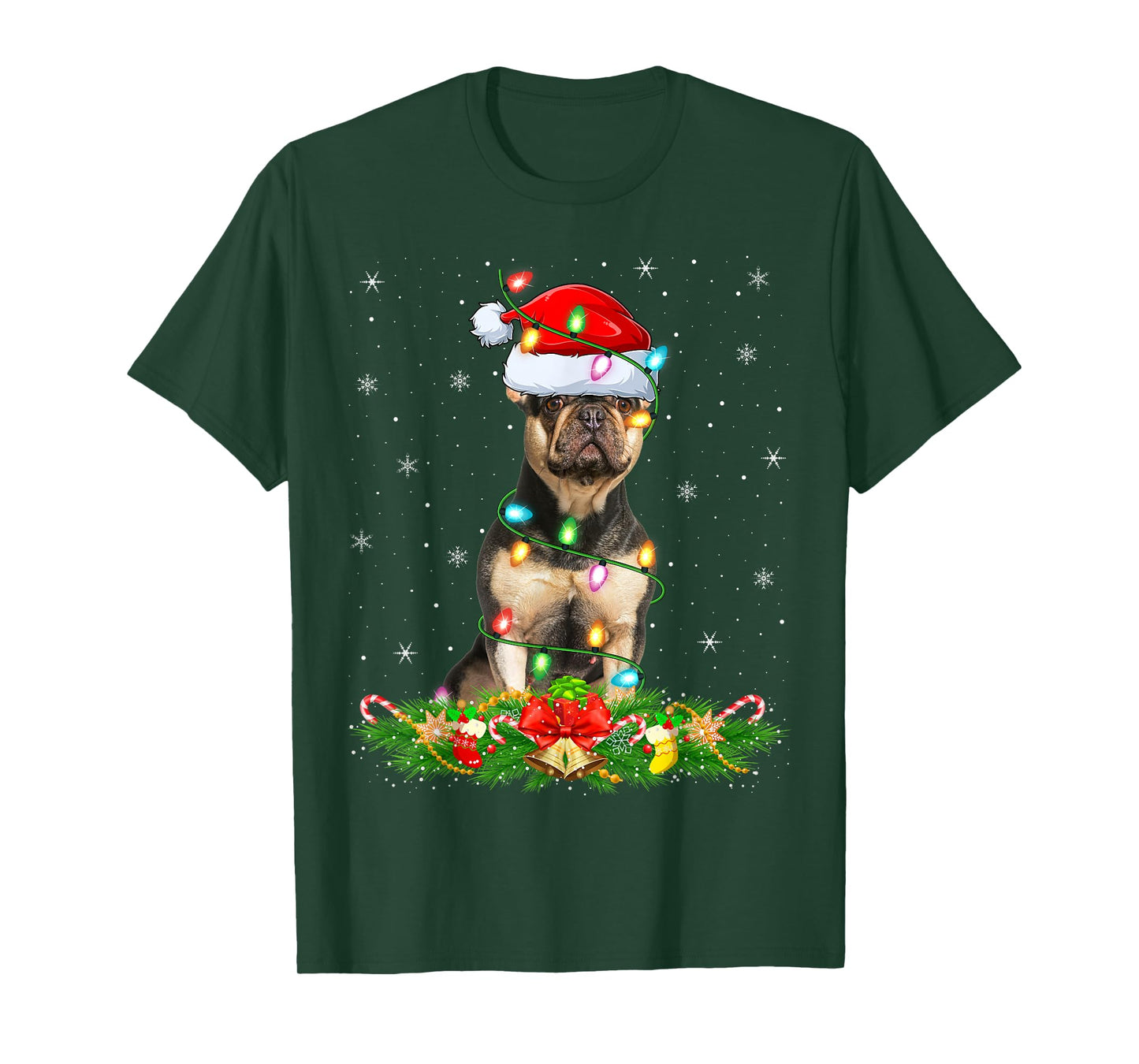 French Bulldog Christmas Lights Funny Santa Hat Xmas T-Shirt