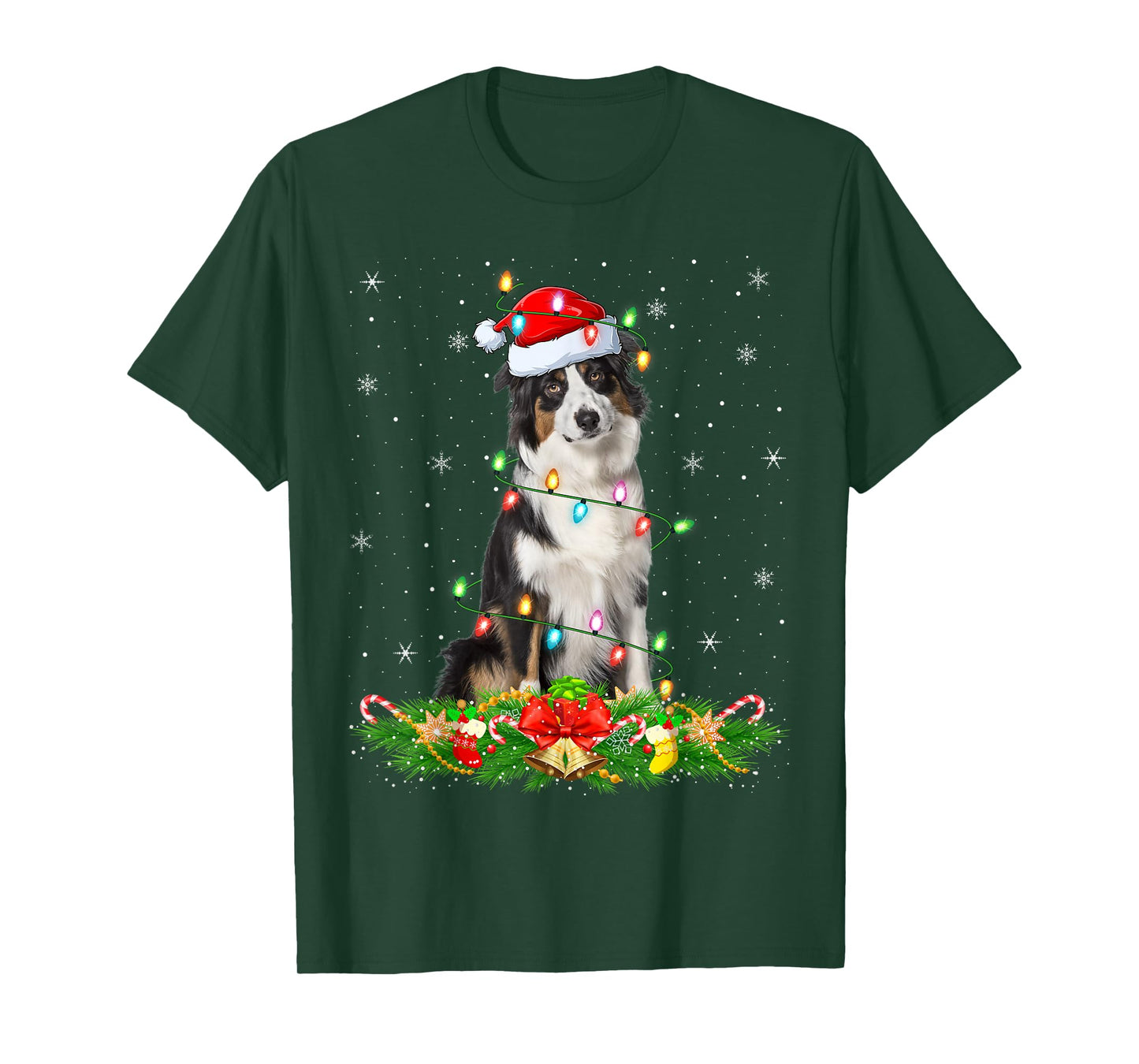 Australian Shepherd Dog Christmas Lights Santa Hat Xmas T-Shirt