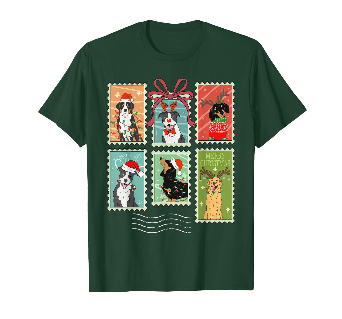 Cute Christmas Dogs Stamp Holiday Santa Hat & Reindeer Dog T-Shirt