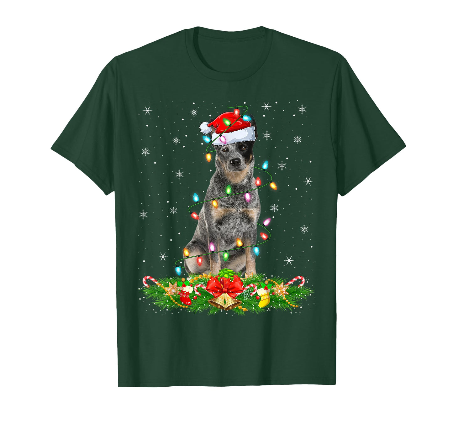 Blue Heeler Dog Christmas Lights Funny Santa Hat Xmas T-Shirt