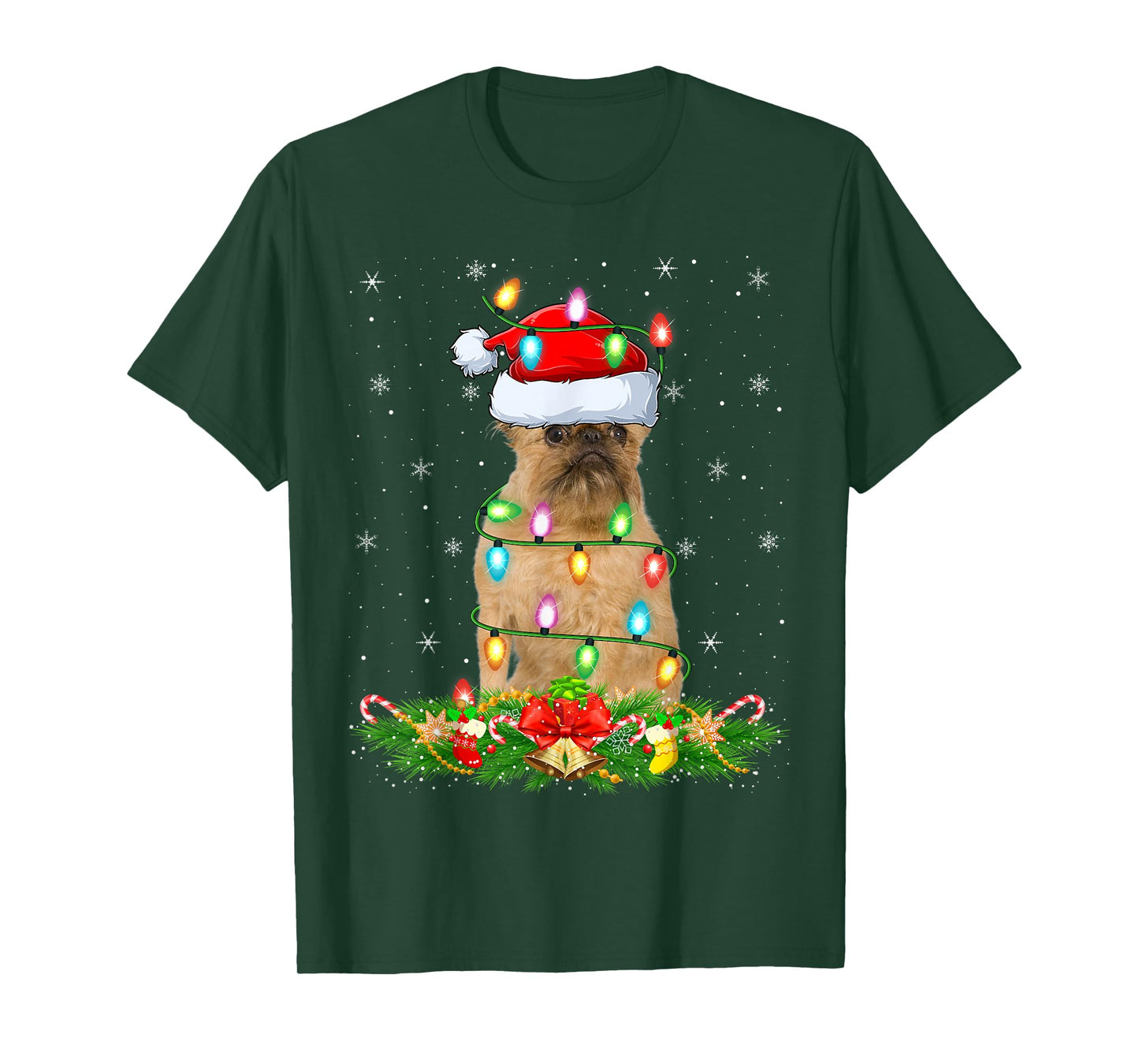 Brussels Griffon Dog Christmas Lights Funny Santa Hat Xmas T-Shirt