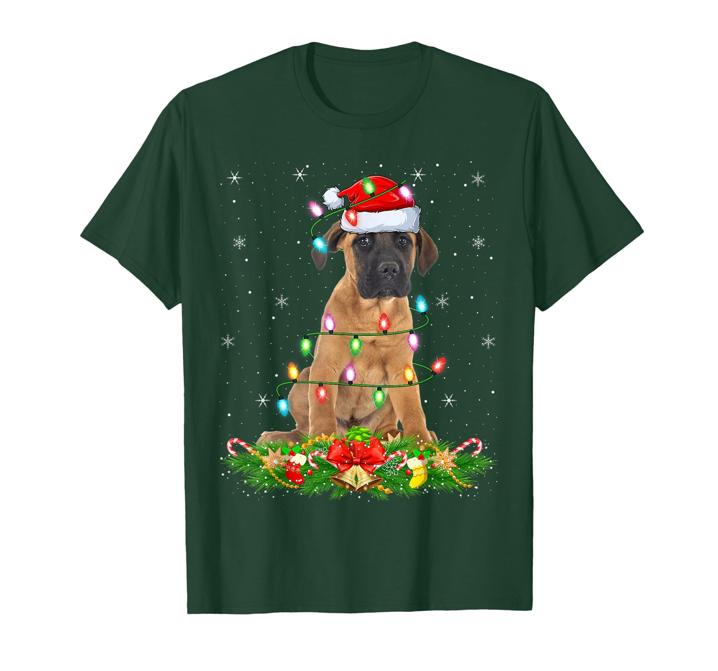English Mastiff Dog Christmas Lights Funny Santa Hat Xmas T-Shirt