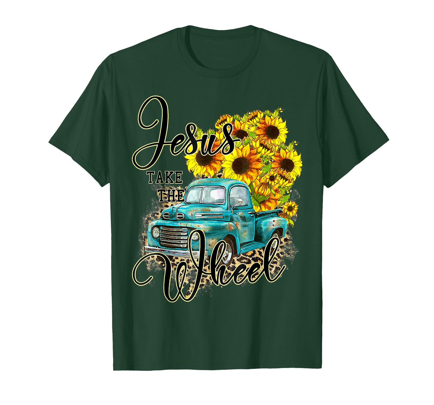 Sunflower Jesus Take The Wheel Christian Gift Leopard Print T-Shirt