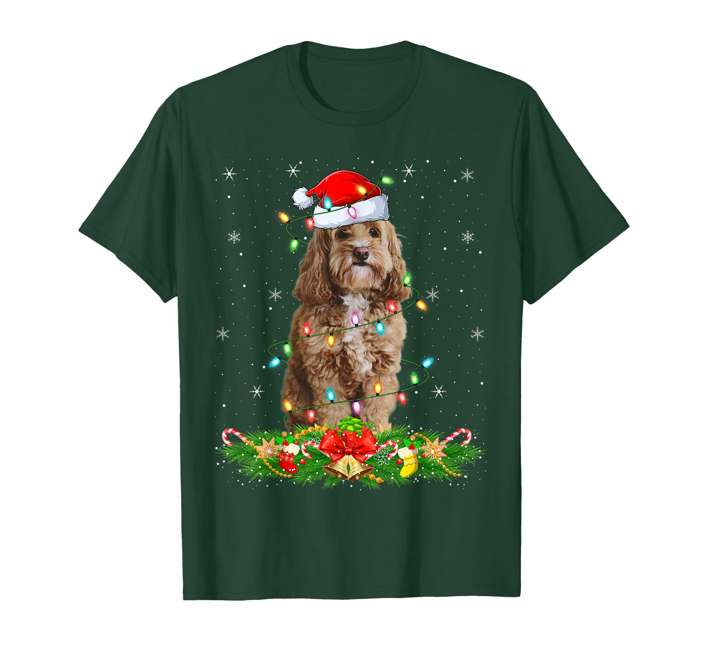 Cockapoo Dog Christmas Lights Funny Santa Hat Xmas T-Shirt
