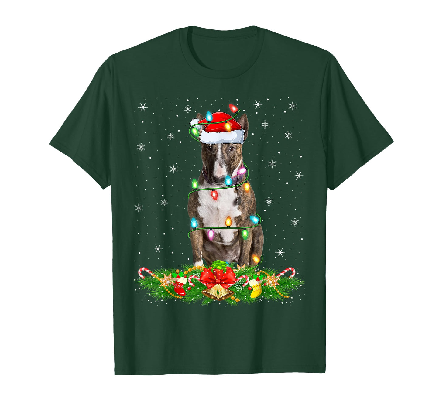 Bull Terrier Dog Christmas Lights Funny Santa Hat Xmas T-Shirt