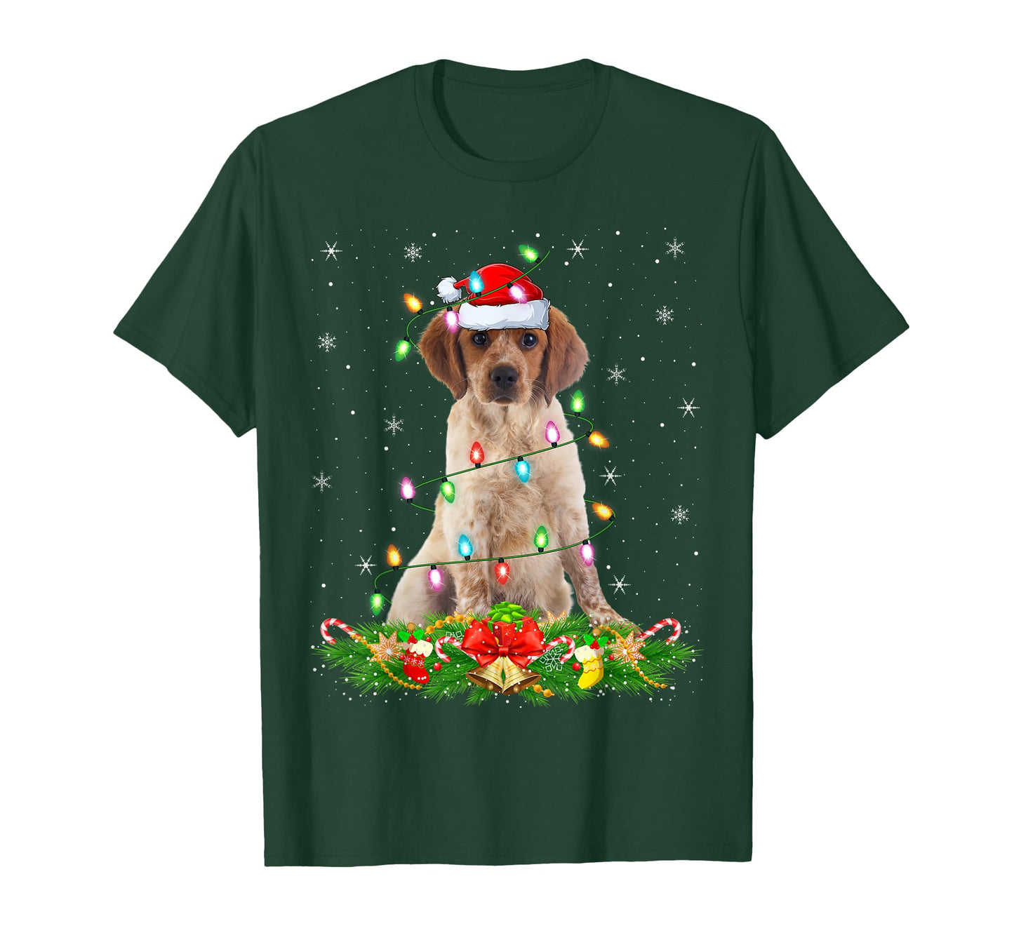 Brittany Spaniel Dog Christmas Lights Funny Santa Hat Xmas T-Shirt