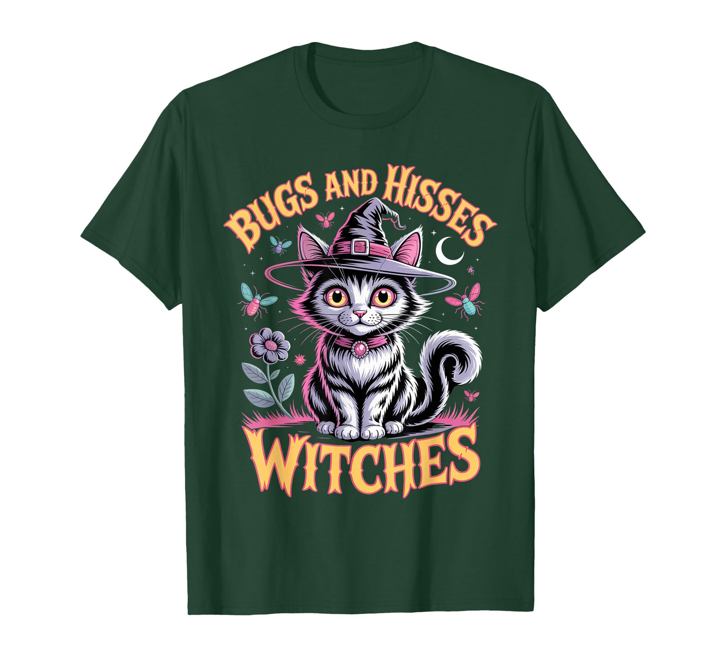 Gothic Cat Magic Flowers Cute Witch Apparel Halloween Tee T-Shirt