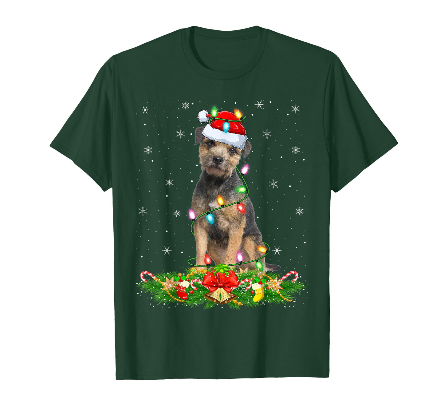 Border Terrier Dog Christmas Lights Funny Santa Hat Xmas T-Shirt