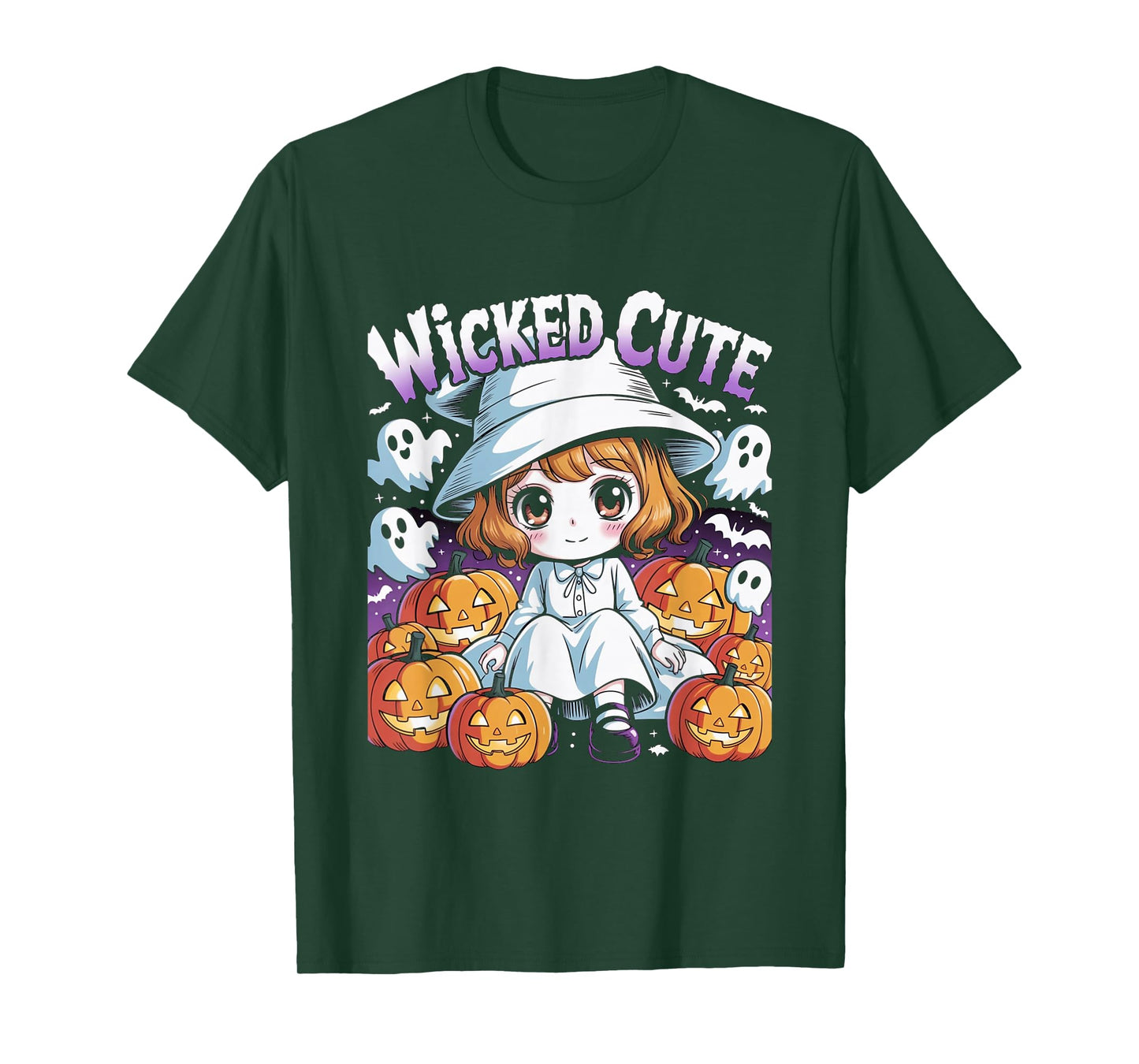 Halloween Anime Cute Witch Girls Pumpkin Bats Ghosts Kids T-Shirt