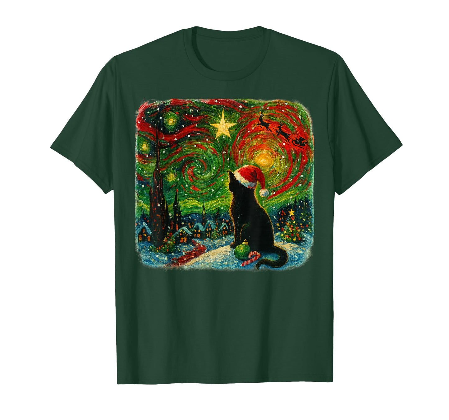 Funny Black Cat Merry Christmas Xmas Van Gogh Pajama Holiday T-Shirt