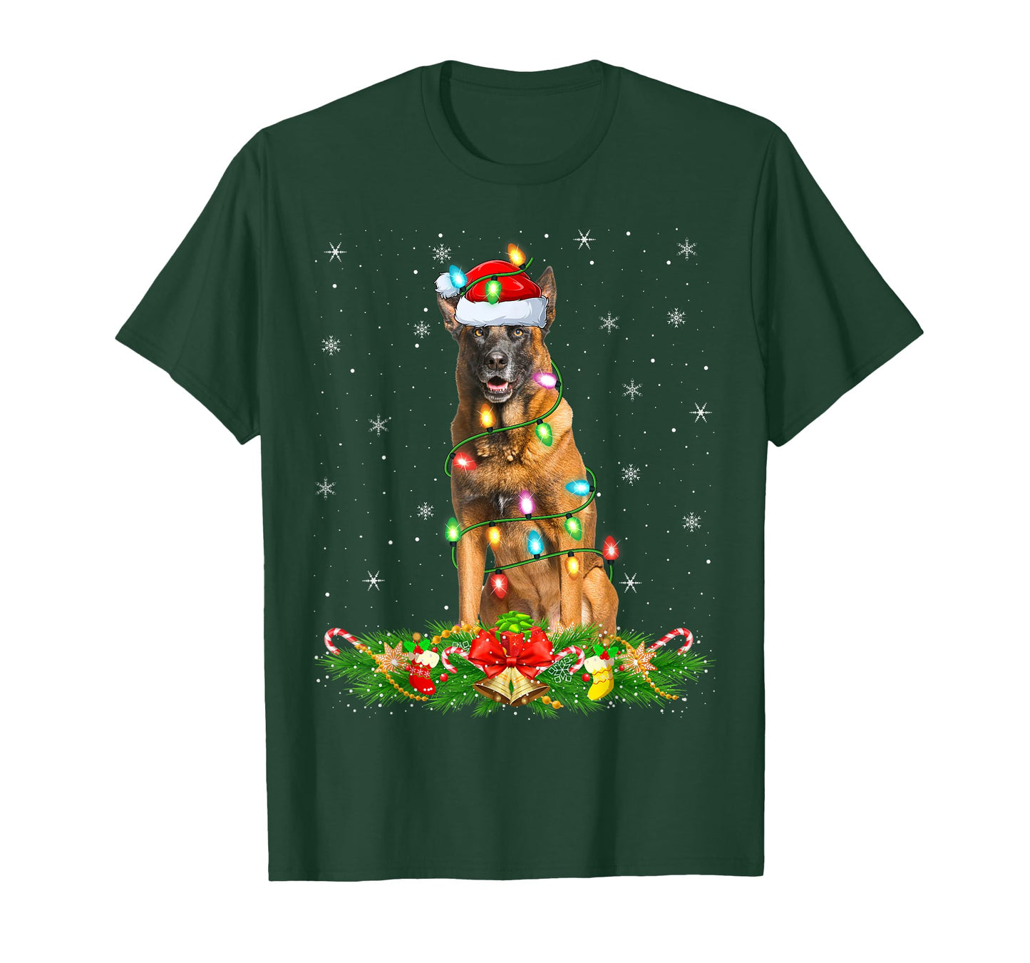 Belgian Malinois Dog Christmas Lights Funny Santa Hat Xmas T-Shirt