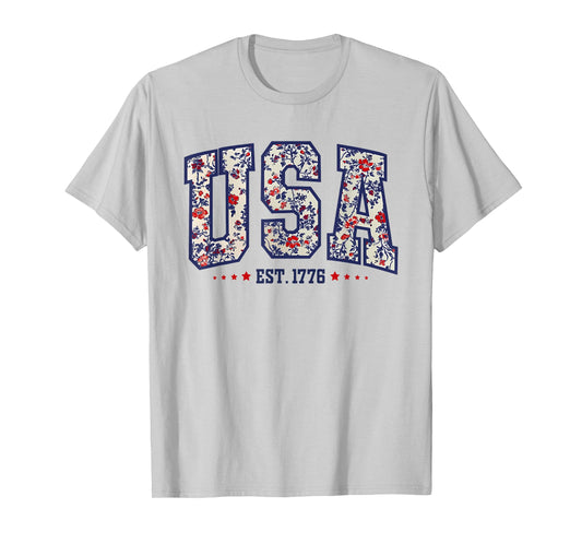 Floral USA Est 1776 Patriotic Wildflower 4th of July Retro T-Shirt