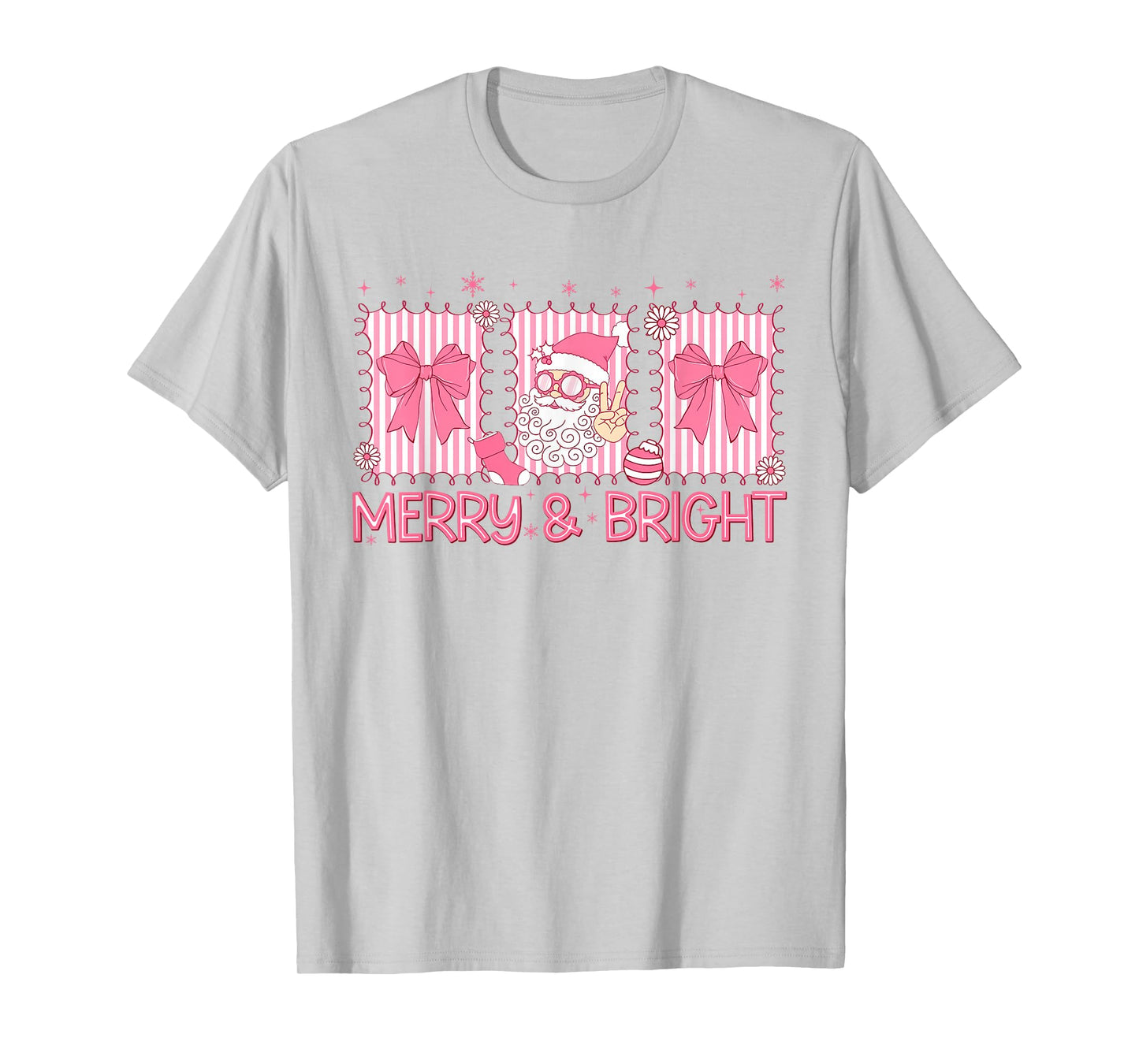 Merry and Bright Pink Coquette Santa Claus Bow Christmas T-Shirt