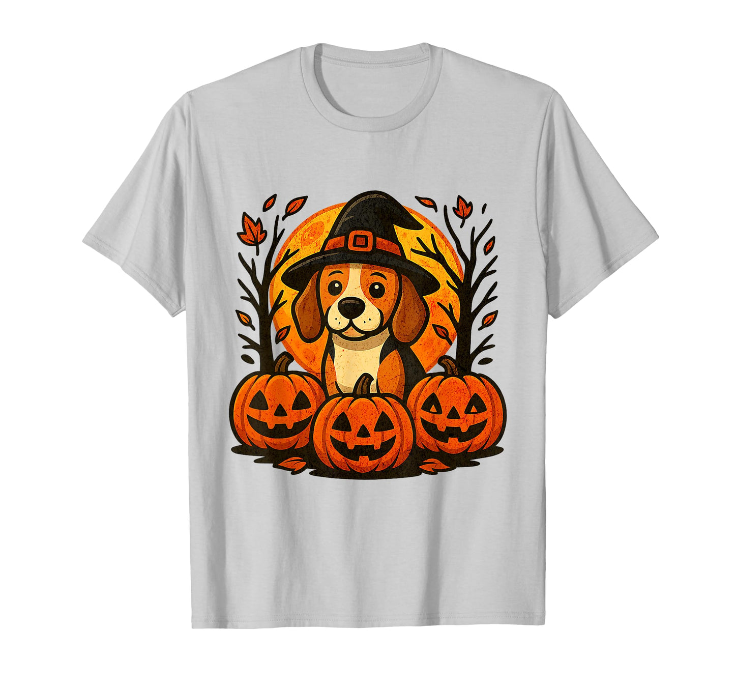 Halloween Cute Beagle Witch Hat Pumpkins Autumn Leaves T-Shirt