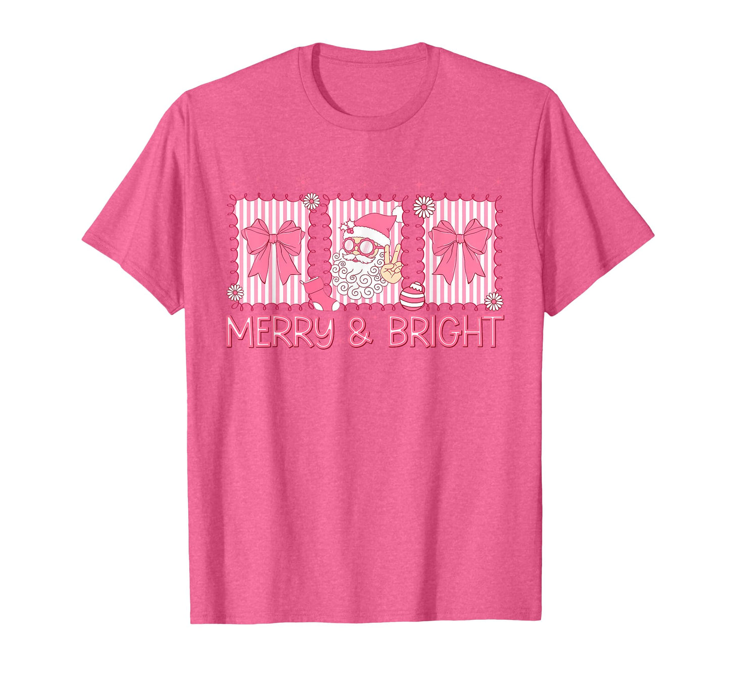 Merry and Bright Pink Coquette Santa Claus Bow Christmas T-Shirt