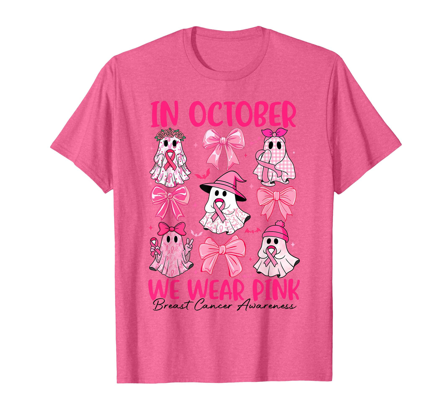 in October We Wear Pink Ghost Witch Breast Cancer Awareness T-Shirt